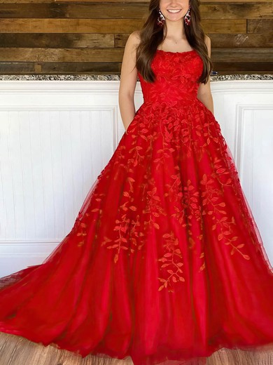 Ball Gown/Princess Sweep Train Scoop Neck Tulle Appliques Lace Prom Dresses #UKM020115079