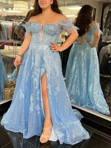 A-line Off-the-shoulder Glitter Sweep Train Prom Dresses With Feathers / Fur #UKM020115103