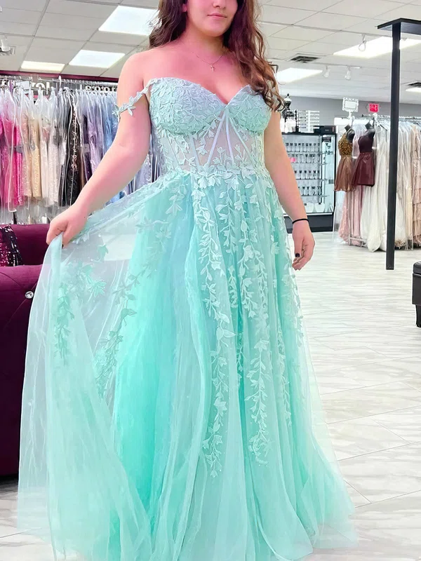 A-line Off-the-shoulder Tulle Sweep Train Prom Dresses With Appliques Lace #UKM020115105