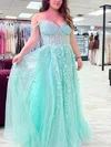 A-line Off-the-shoulder Tulle Sweep Train Prom Dresses With Appliques Lace #UKM020115105