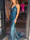 Trumpet/Mermaid V-neck Sequined Sweep Train Prom Dresses With Ruffles #UKM020115108
