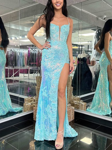 Sheath/Column V-neck Sequined Sweep Train Prom Dresses With Split Front #UKM020115113