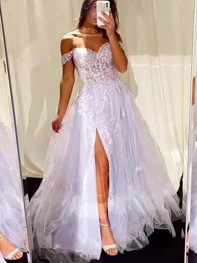 A-line Off-the-shoulder Tulle Sweep Train Prom Dresses With Split Front #UKM020115115