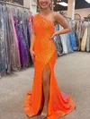 Sheath/Column One Shoulder Sequined Sweep Train Prom Dresses With Split Front #UKM020115127