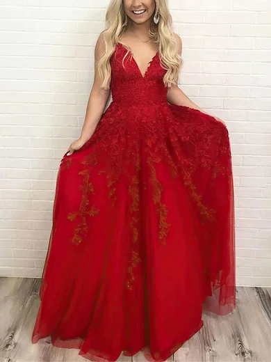 A-line V-neck Tulle Floor-length Prom Dresses With Appliques Lace #UKM020115147