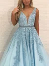 Ball Gown V-neck Tulle Floor-length Prom Dresses With Appliques Lace #UKM020115148