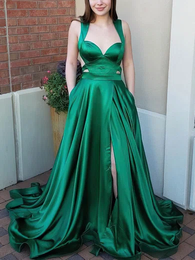 A-line V-neck Satin Sweep Train Prom Dresses With Pockets #UKM020115153
