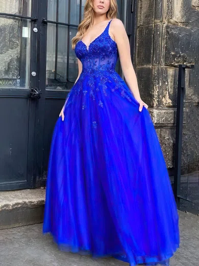 A-line V-neck Tulle Glitter Floor-length Prom Dresses With Beading #UKM020115154