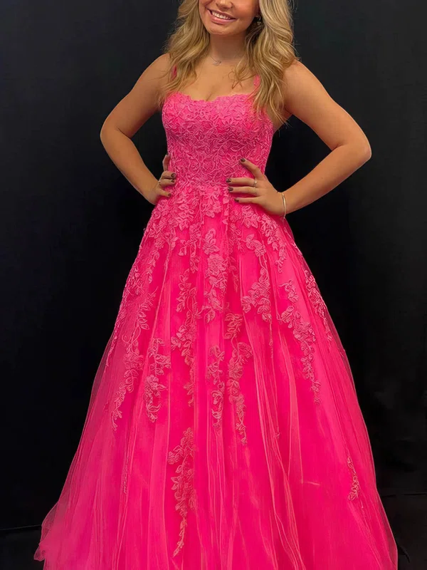 A-line Scoop Neck Tulle Sweep Train Prom Dresses With Appliques Lace #UKM020115155