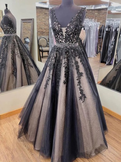 Ball Gown V-neck Tulle Sweep Train Prom Dresses With Beading #UKM020115156