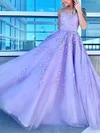 A-line Scoop Neck Tulle Sweep Train Prom Dresses With Appliques Lace #UKM020115157