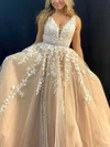 Ball Gown V-neck Tulle Sweep Train Prom Dresses With Beading #UKM020115159
