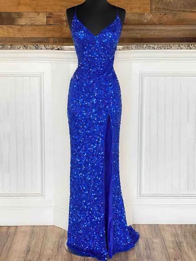 Sheath/Column V-neck Sparkly Sequin Prom Dresses With Split #UKM020115163