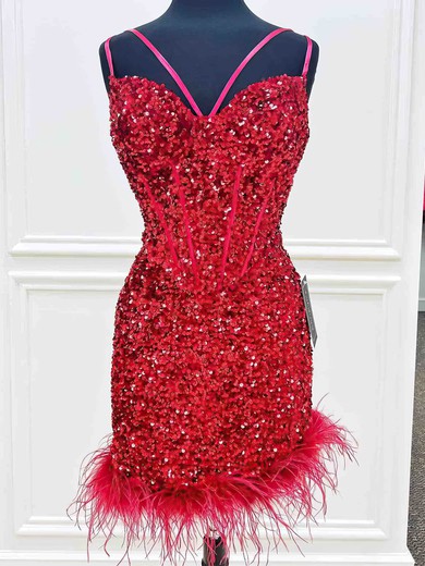 Sheath/Column V-neck Sequined Short/Mini Short Prom Dresses With Feathers / Fur #UKM020115203