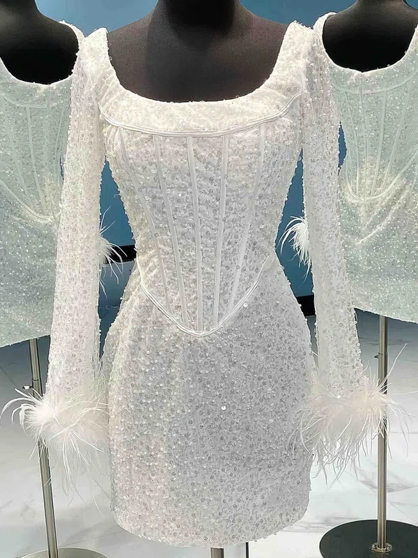 Sheath/Column Square Neckline Sequined Short/Mini Short Prom Dresses With Feathers / Fur #UKM020115204
