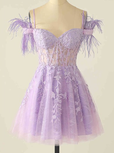 A-line Off-the-shoulder Lace Tulle Short/Mini Short Prom Dresses With Feathers / Fur #UKM020115211