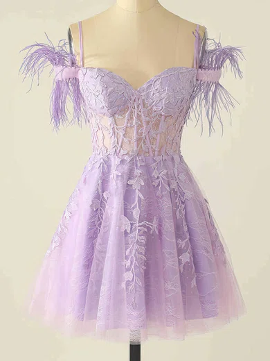 A-line Off-the-shoulder Lace Tulle Short/Mini Short Prom Dresses With Feathers / Fur #UKM020115211