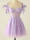 A-line Off-the-shoulder Lace Tulle Short/Mini Short Prom Dresses With Feathers / Fur #UKM020115211
