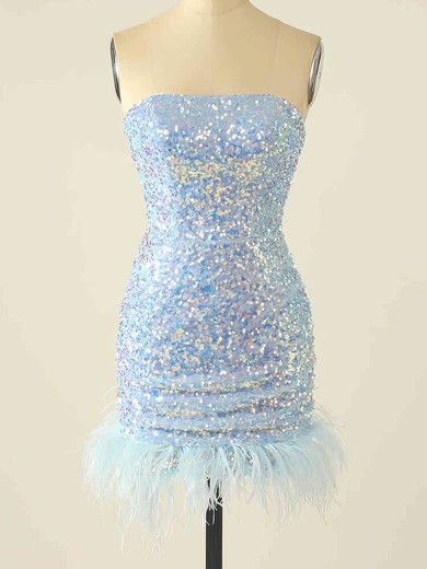 Sheath/Column Strapless Sequined Short/Mini Short Prom Dresses With Feathers / Fur #UKM020115212
