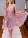 A-line V-neck Tulle Glitter Short/Mini Short Prom Dresses With Appliques Lace #UKM020115213