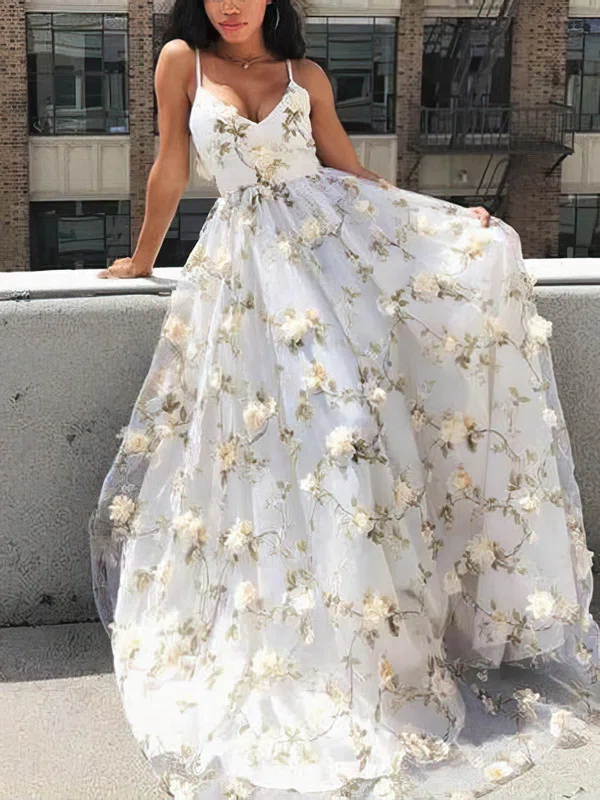 A-line V-neck Tulle Floor-length Prom Dresses With Flower(s) #UKM020115223