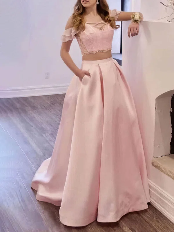 Ball Gown Off-the-shoulder Lace Satin Sweep Train Prom Dresses With Pockets #UKM020115224
