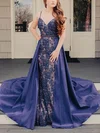 Sheath/Column V-neck Lace Silk-like Satin Detachable Prom Dresses With Sashes / Ribbons #UKM020115229