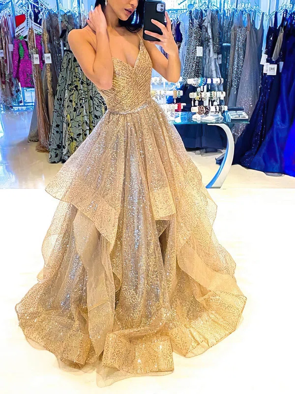 A-line V-neck Glitter Sweep Train Prom Dresses With Cascading Ruffles #UKM020115232