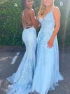 A-line V-neck Tulle Sweep Train Prom Dresses With Appliques Lace #UKM020115234