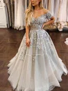 Ball Gown Off-the-shoulder Tulle Sweep Train Prom Dresses With Appliques Lace #UKM020115236