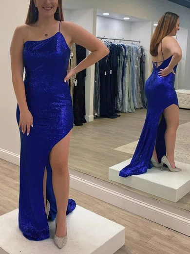 Sheath/Column One Shoulder Sequined Sweep Train Prom Dresses With Split Front #UKM020115241
