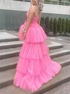 A-line V-neck Tulle Asymmetrical Prom Dresses With Tiered #UKM020115243