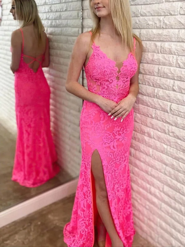 Sheath/Column V-neck Lace Sweep Train Prom Dresses With Split Front #UKM020115244