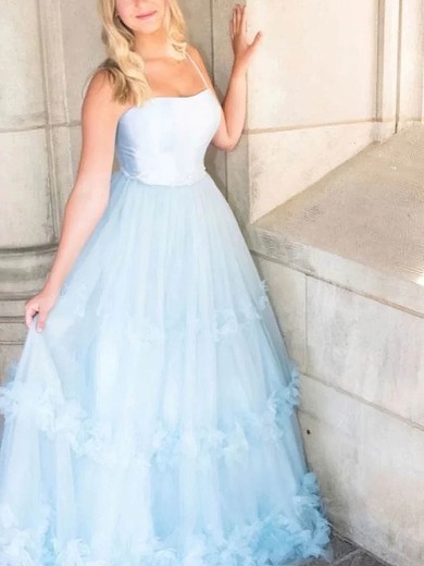 Ball Gown Square Neckline Tulle Sweep Train Prom Dresses With Sashes / Ribbons #UKM020115249