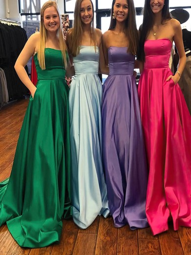 A-line Strapless Satin Sweep Train Prom Dresses With Pockets #UKM020115250