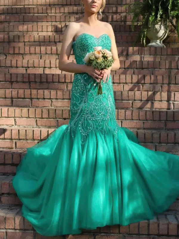 Trumpet/Mermaid Sweetheart Tulle Sweep Train Prom Dresses With Beading #UKM020115255