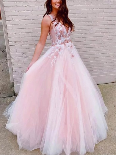 Ball Gown V-neck Tulle Sweep Train Prom Dresses With Appliques Lace #UKM020115259