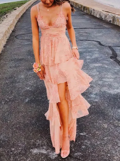 Sheath/Column V-neck Lace Tulle Floor-length Prom Dresses With Split Front #UKM020115264