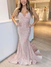 Trumpet/Mermaid Sweep Train V-neck Velvet Sequins Prom Dresses #UKM020115274