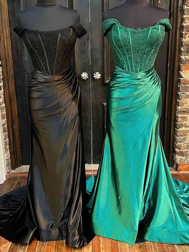 Trumpet/Mermaid Off-the-shoulder Silk-like Satin Sweep Train Prom Dresses With Appliques Lace #UKM020115276