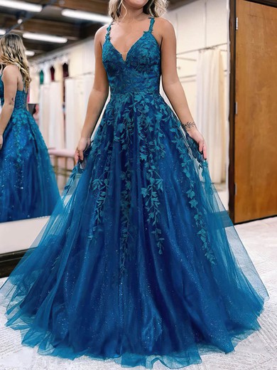 Ball Gown/Princess Floor-length V-neck Tulle Glitter Appliques Lace Prom Dresses #UKM020115278