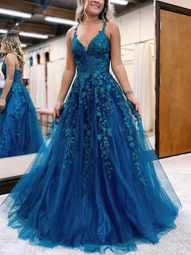 Ball Gown V-neck Tulle Glitter Sweep Train Prom Dresses With Appliques Lace #UKM020115278