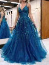 Ball Gown/Princess Floor-length V-neck Tulle Glitter Appliques Lace Prom Dresses #UKM020115278