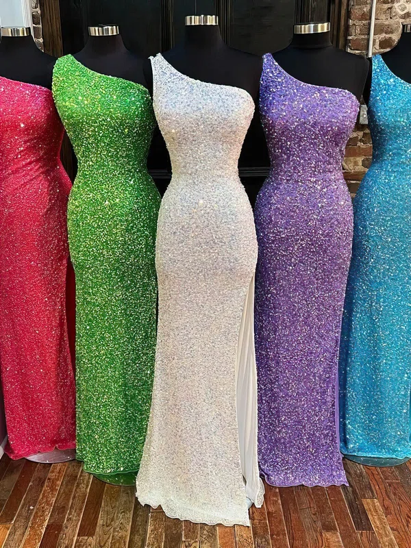 Sheath/Column One Shoulder Sequined Floor-length Prom Dresses #UKM020115282