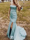 Sheath/Column Strapless Shimmer Crepe Sweep Train Prom Dresses With Split Front #UKM020115284