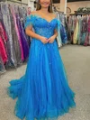A-line Off-the-shoulder Glitter Sweep Train Prom Dresses With Feathers / Fur #UKM020115293