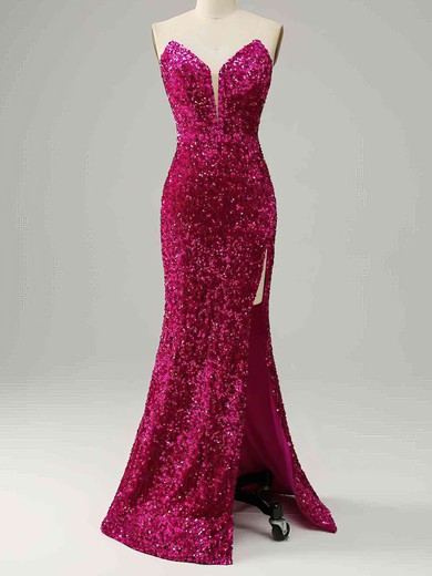 Sheath/Column V-neck Sequined Sweep Train Prom Dresses With Split Front #UKM020115306