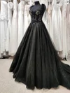 Ball Gown Sweetheart Tulle Glitter Sweep Train Prom Dresses With Appliques Lace #UKM020115310