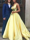 Ball Gown V-neck Satin Sweep Train Prom Dresses With Pockets #UKM020115314