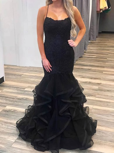 Mermaid Scoop Neck Tulle Ruffle Tiered Prom Dresses With Appliques #UKM020115320